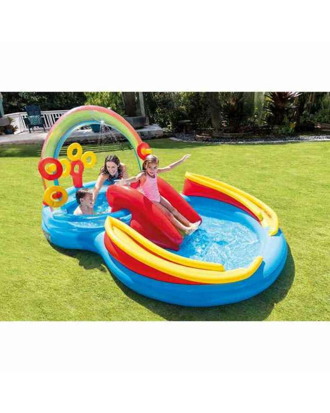 Inflatable children's rainbow pool by Intex with colorful play area, measuring 297 x 135 x 193 cm, filled with water for outdoor fun.