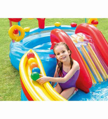Intex inflatable children's rainbow swimming pool with slide, colorful play area, measuring 297 x 135 x 193 cm, 381 liters capacity