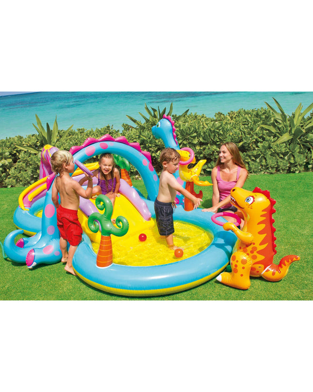 Inflatable Intex children's pool with dinosaur playground design, measuring 302x112x229 cm, filled with 280 liters of water.
