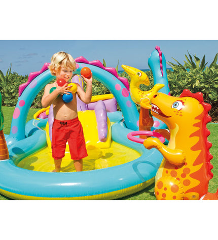 Intex inflatable children's pool with dinosaur design, 302x112x229 cm, filled with water, suitable for outdoor play and cooling off.