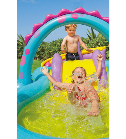 Intex inflatable kids' pool with dinosaur-themed play area, featuring colorful dinosaur images and spacious design for outdoor fun