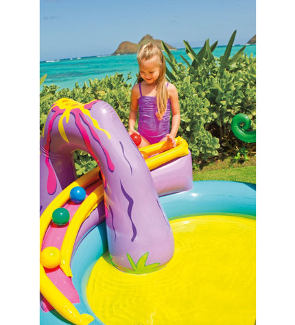 Intex inflatable children's pool with dinosaur design, 302x112x229 cm, filled with water, suitable for outdoor play and fun.