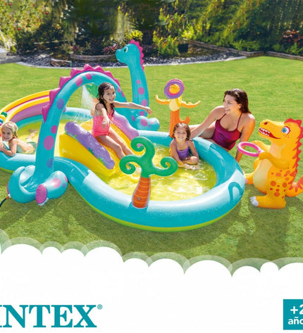 Intex inflatable children's pool with dinosaur playground, measuring 302x112x229 cm, filled with 280 liters of water.