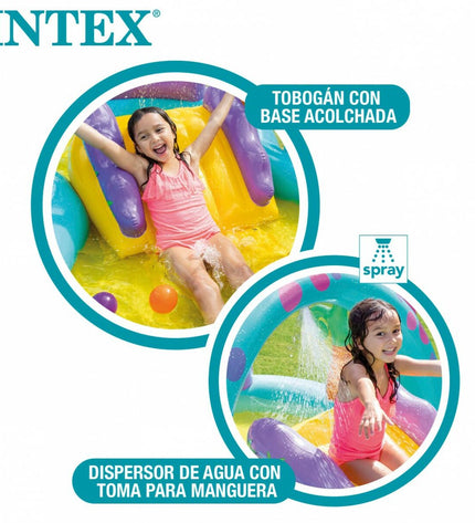 Intex inflatable children's pool with dinosaur design, spacious 302x112x229 cm, perfect for outdoor fun and water play.