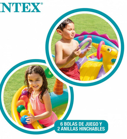 Intex inflatable children's pool with dinosaur-themed play area, measuring 302 x 112 x 229 cm, suitable for outdoor fun.