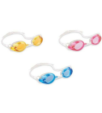 Intex blue and pink children's swimming goggles for water sports and outdoor activities, adjustable strap and clear lenses.