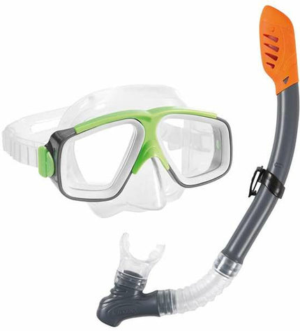 Green Intex children's snorkel mask and snorkel set for water sports, featuring a comfortable fit and adjustable straps.