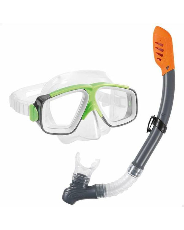Green Intex children's snorkel mask and snorkel set for water sports, featuring a comfortable fit and adjustable straps.