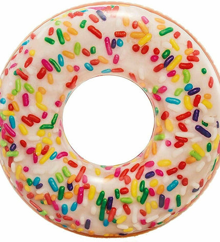 Inflatable Intex donut-shaped pool float, white with pink accents, measuring 99 x 25 cm, designed for swimming and outdoor fun.