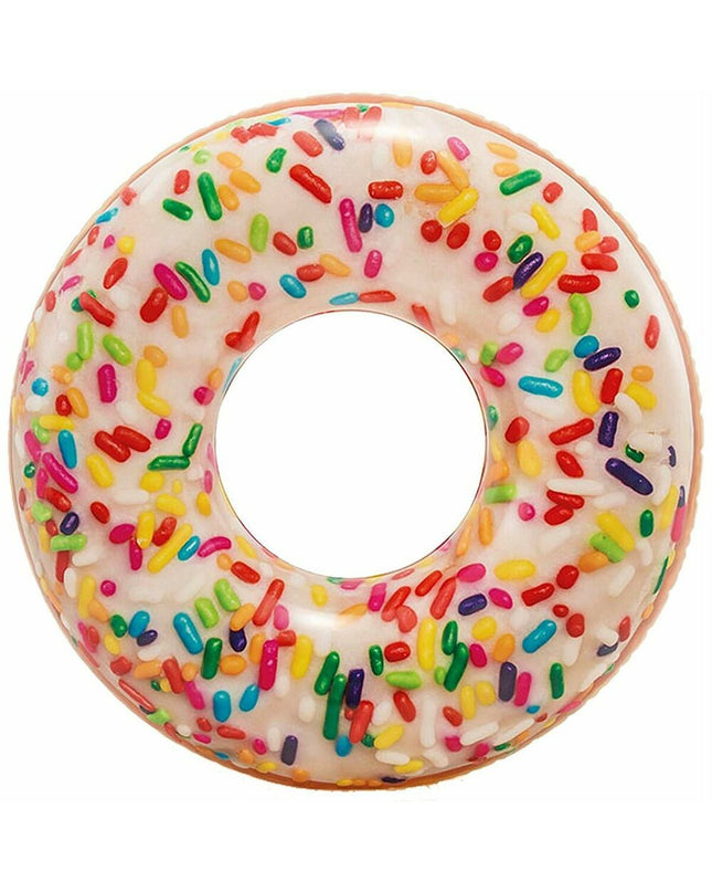 Inflatable Intex donut-shaped pool float, white with pink accents, measuring 99 x 25 cm, designed for swimming and outdoor fun.