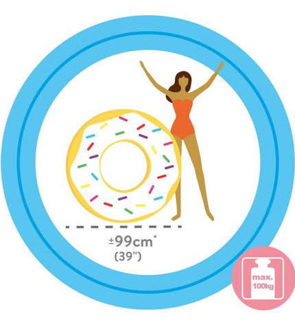 Inflatable white donut-shaped pool float by Intex, 99 x 25 cm, designed for outdoor water play and relaxation.
