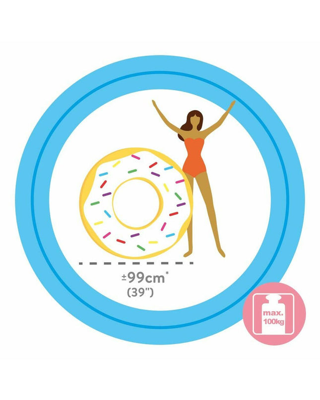 Inflatable white donut-shaped pool float by Intex, 99 x 25 cm, designed for outdoor water play and relaxation.