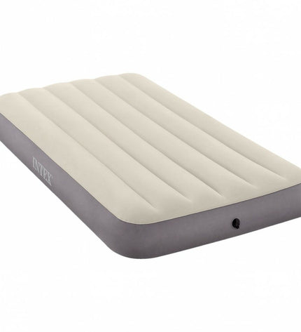 Intex Dura-Beam standard air mattress for camping, measuring 99 x 25 x 191 cm, with a blue top and built-in support features.