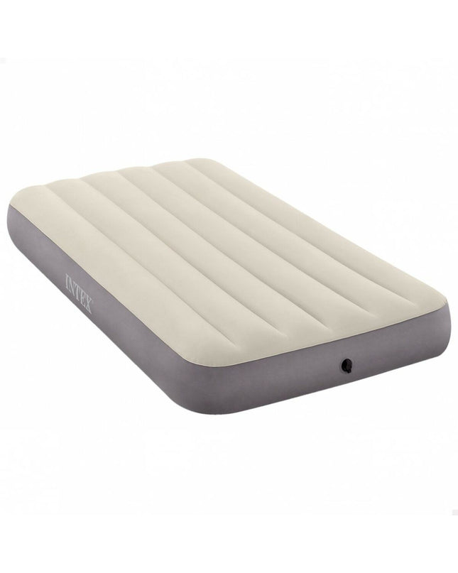 Intex Dura-Beam standard air mattress for camping, measuring 99 x 25 x 191 cm, with a blue top and built-in support features.