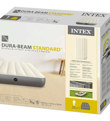 Intex Dura-Beam standard air mattress for camping, showing the 99 x 25 x 191 cm size with durable construction.