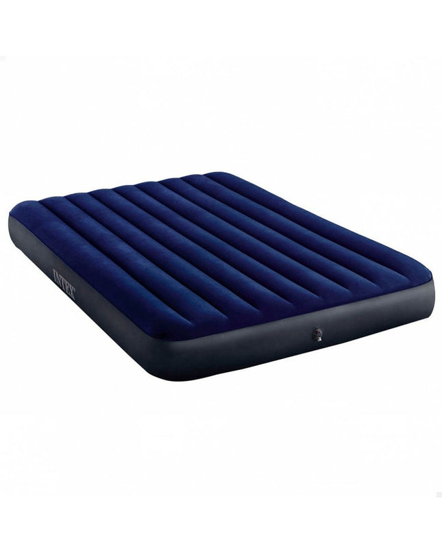 Intex STANDARD CLASSIC DOWNY air mattress for camping, 203 x 25 x 152 cm, shown inflated in a camping setting.