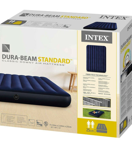 Intex STANDARD CLASSIC DOWNY air mattress for camping, featuring a 203 x 152 cm size and durable outdoor design.
