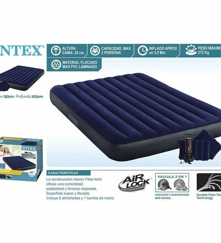 Intex air mattress 152 x 25 x 203 cm for camping and outdoor use, with inflatable surface and durable material.