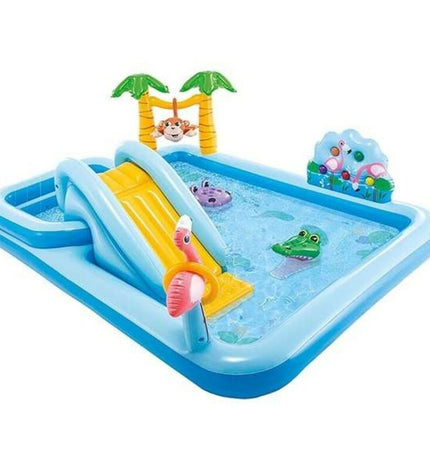 Inflatable Intex swimming pool with 493 L capacity, measuring 257x216x84 cm, suitable for outdoor fun and water games.