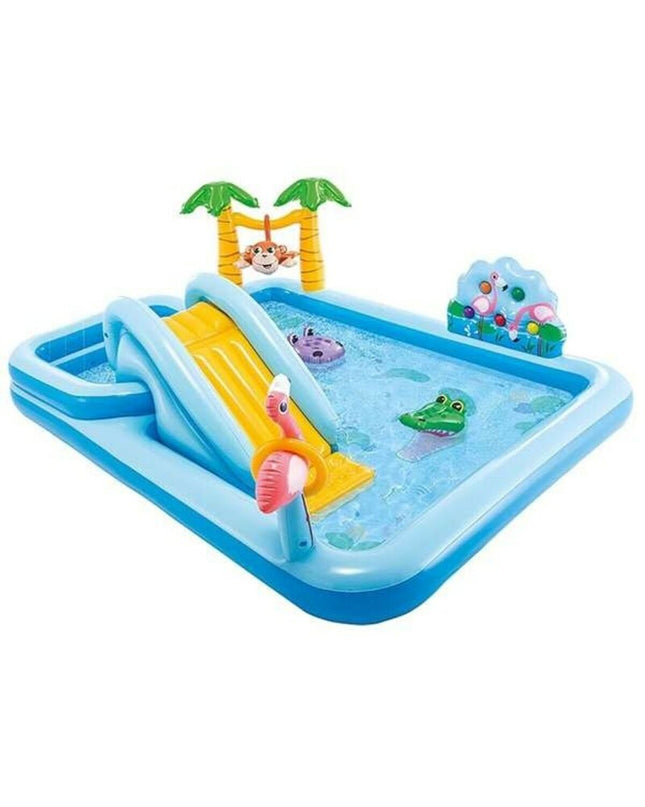 Inflatable Intex swimming pool with 493 L capacity, measuring 257x216x84 cm, suitable for outdoor fun and water games.