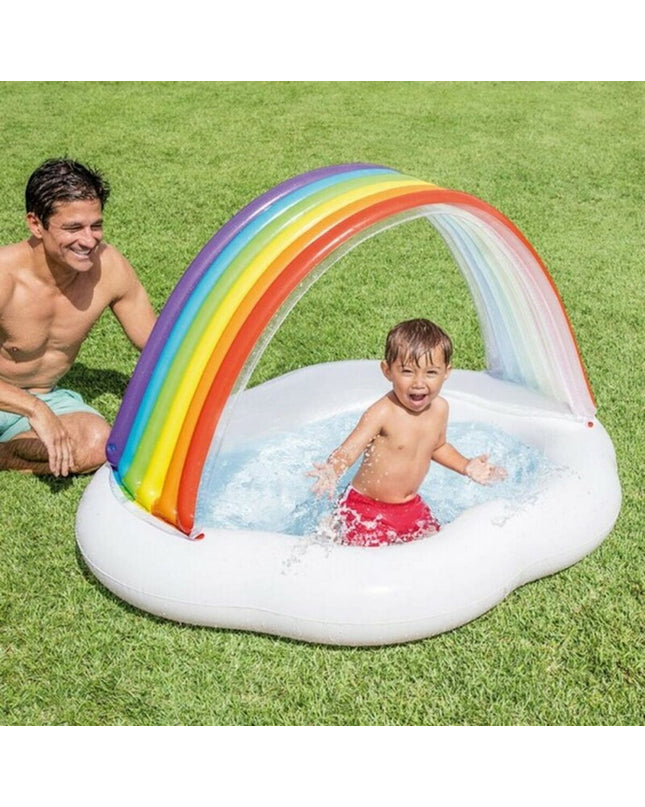 Inflatable Intex swimming pool 57141 with 82 L capacity, featuring blue walls and a rectangular shape for outdoor fun.