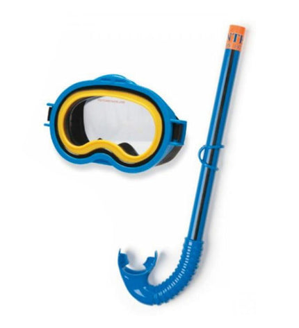 Yellow and green Intex kids snorkel mask and snorkel set for water sports, featuring adjustable straps and comfortable fit.