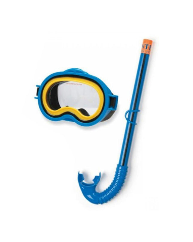 Yellow and green Intex kids snorkel mask and snorkel set for water sports, featuring adjustable straps and comfortable fit.