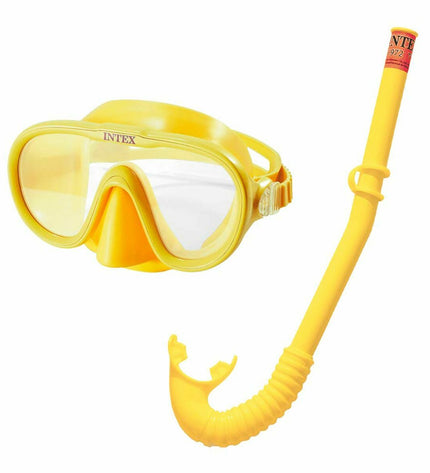 Yellow and green Intex kids snorkel mask and snorkel set for watersports, suitable for outdoor swimming and snorkeling adventures.