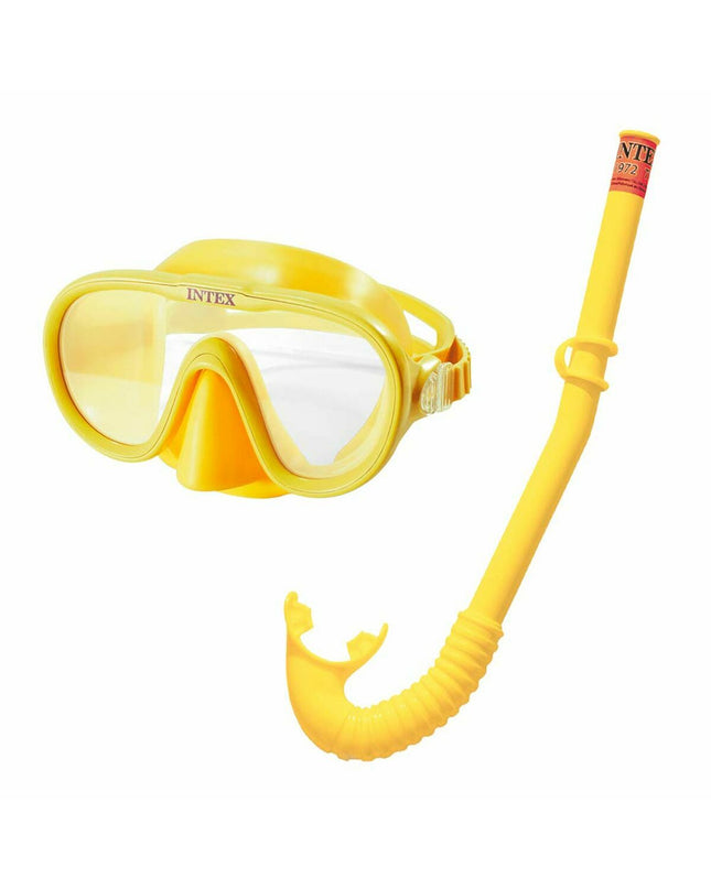 Yellow and green Intex kids snorkel mask and snorkel set for watersports, suitable for outdoor swimming and snorkeling adventures.