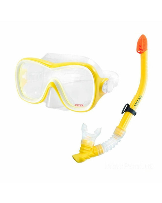 Yellow Intex kids snorkel mask and tube set for watersports, designed for comfortable outdoor swimming adventures.