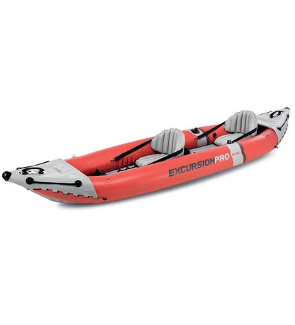 Intex Excursion Pro inflatable kayak for watersport, shown inflated with bright orange and yellow design, measuring 94 x 46 x 384 cm.