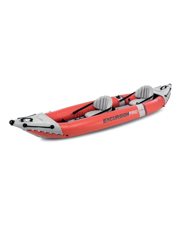 Intex Excursion Pro inflatable kayak for watersport, shown inflated with bright orange and yellow design, measuring 94 x 46 x 384 cm.