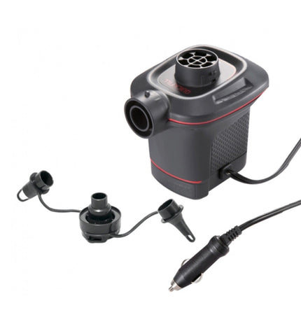 Intex 12V electric air pump for sports and outdoor cycling, compact device with power cord and control buttons in view.