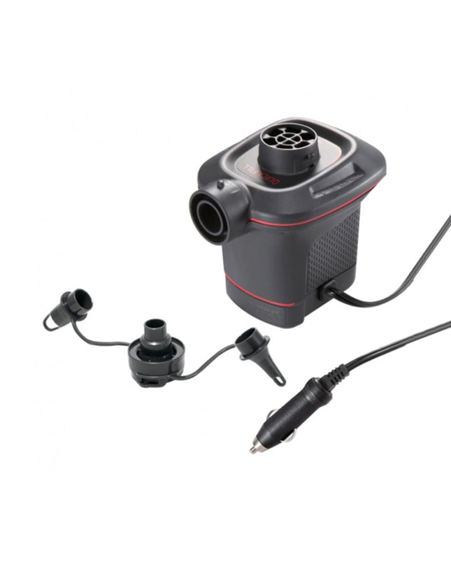 Intex 12V electric air pump for sports and outdoor cycling, compact device with power cord and control buttons in view.