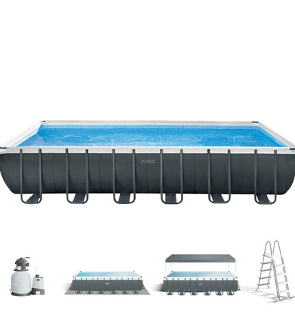 Intex removable swimming pool in a backyard, showcasing its large size and sturdy frame for outdoor water fun.