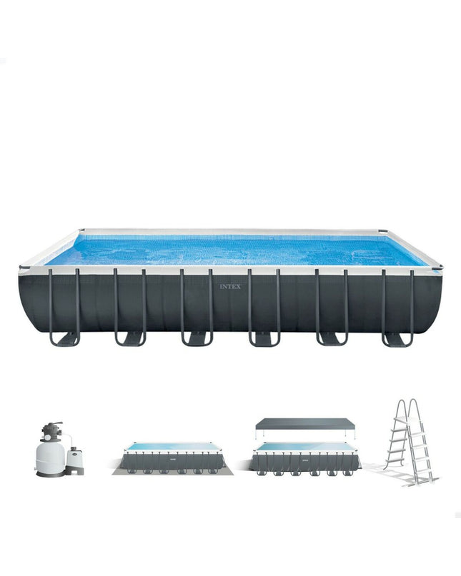 Intex removable swimming pool in a backyard, showcasing its large size and sturdy frame for outdoor water fun.