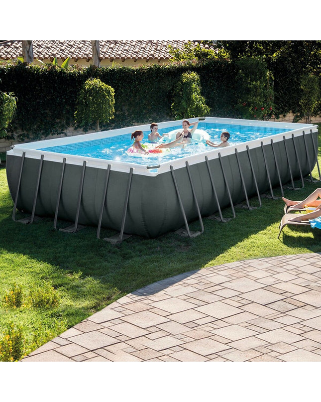 Intex removable swimming pool in backyard, 732x132x366 cm, with clear water, pool liner, and surrounding outdoor garden area