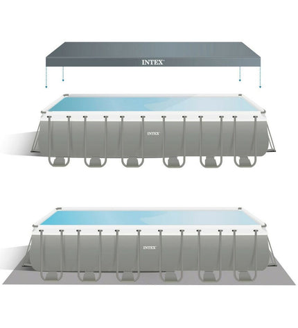 Intex 732 x 132 x 366 cm removable garden swimming pool with sturdy frame and clear water, suitable for outdoor use.