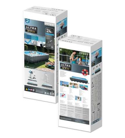 Intex removable garden swimming pool measuring 732 x 132 x 366 cm, shown in a backyard setting with clear water and pool edges.