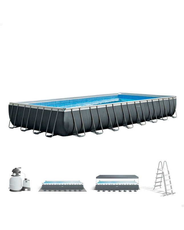 Intex removable swimming pool 975 x 132 x 488 cm set for garden, with blue liner and sturdy frame, outdoor water fun.