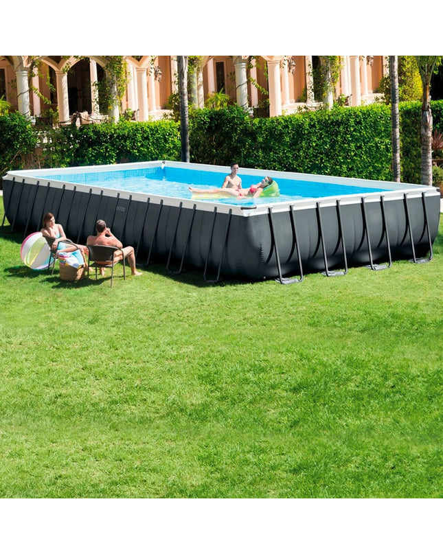 Intex removable garden swimming pool 975 x 132 x 488 cm with blue lining and sturdy frame, suitable for outdoor use.
