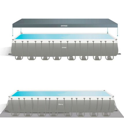 Intex removable pool with dimensions 975 x 132 x 488 cm, shown in a garden setting, suitable for outdoor swimming and relaxation.
