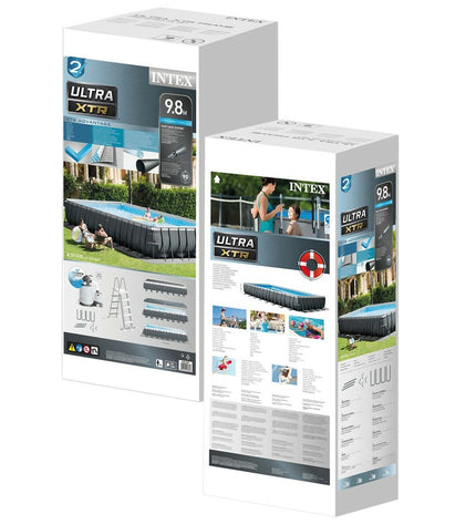 Intex removable swimming pool with dimensions 975 x 132 x 488 cm, suitable for garden use, with a blue exterior and water inside.