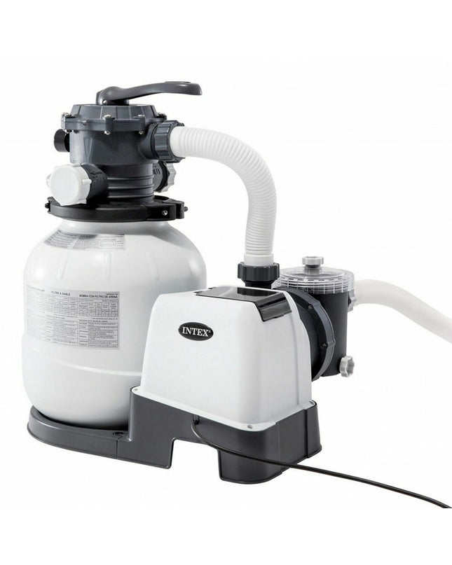 Intex Kristal Clear pool treatment system for 37800 L, outdoor garden swimming pool, with control panel and hoses.