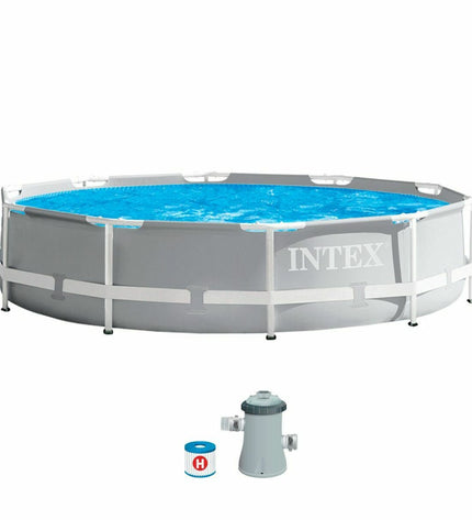 Intex Prism Frame round inflatable pool with 305 cm diameter and 76 cm height, suitable for outdoor garden use.