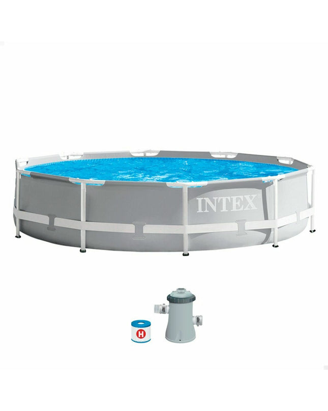 Intex Prism Frame round inflatable pool with 305 cm diameter and 76 cm height, suitable for outdoor garden use.
