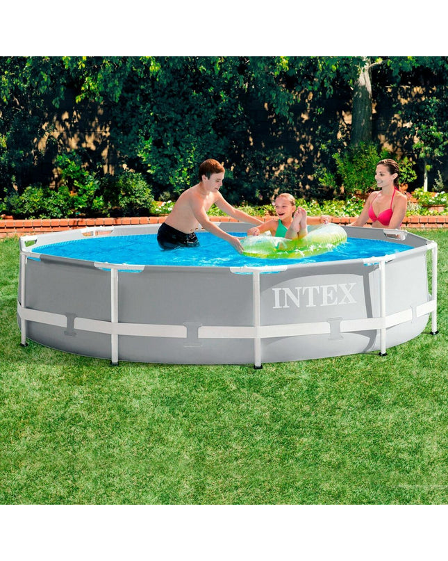 Intex Prism Frame round swimming pool with 305 cm diameter and 76 cm height, filled with water, suitable for garden use