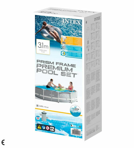 Intex Prism Frame round inflatable swimming pool, 305x76 cm, with clear water and sturdy frame for backyard fun.