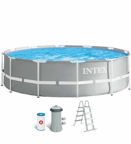 Intex Prism Frame detachable pool in blue with metal frame, measuring 366 x 99 cm, suitable for garden use and cooling.