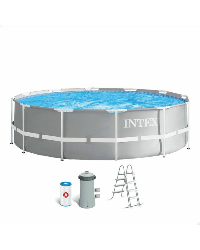 Intex Prism Frame detachable pool in blue with metal frame, measuring 366 x 99 cm, suitable for garden use and cooling.